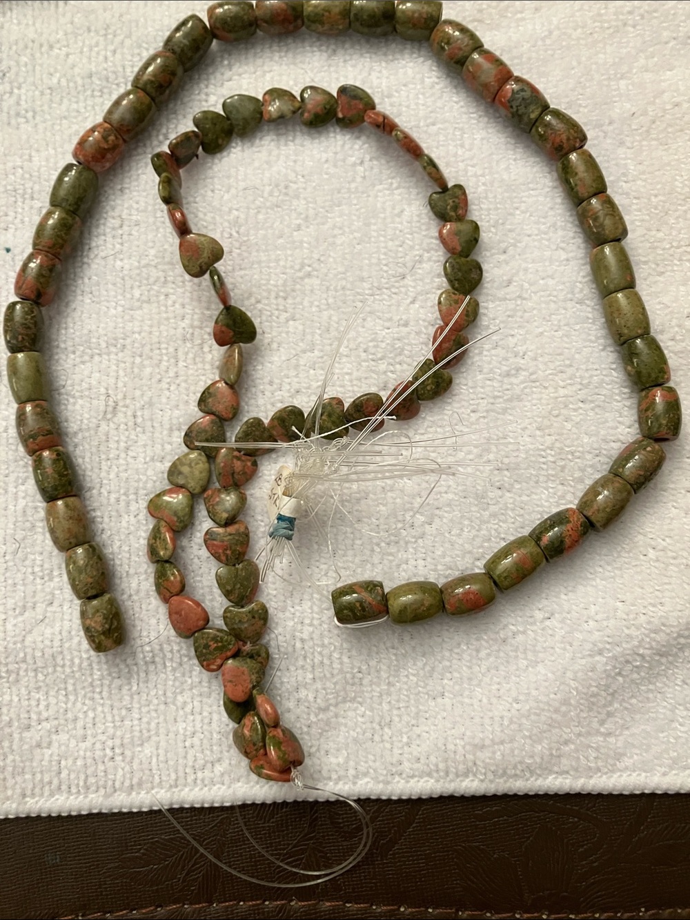 Unakite Green and Pink Heart & Tube Bead Necklace Strand